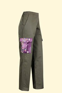Cargo Pants with Suede Floral Pocket.